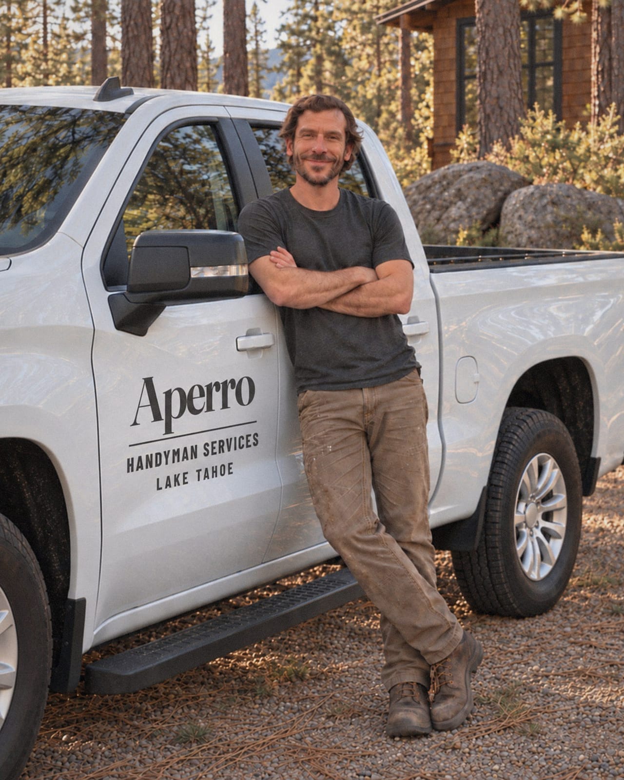 Gennaro De Fraia leaning on his white pickup truck with the Aperro logo on the door
