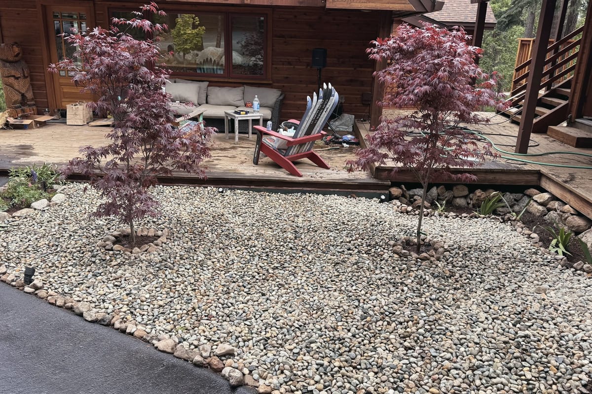 Gravel patio with chairs and Japanese maples beside a cabin